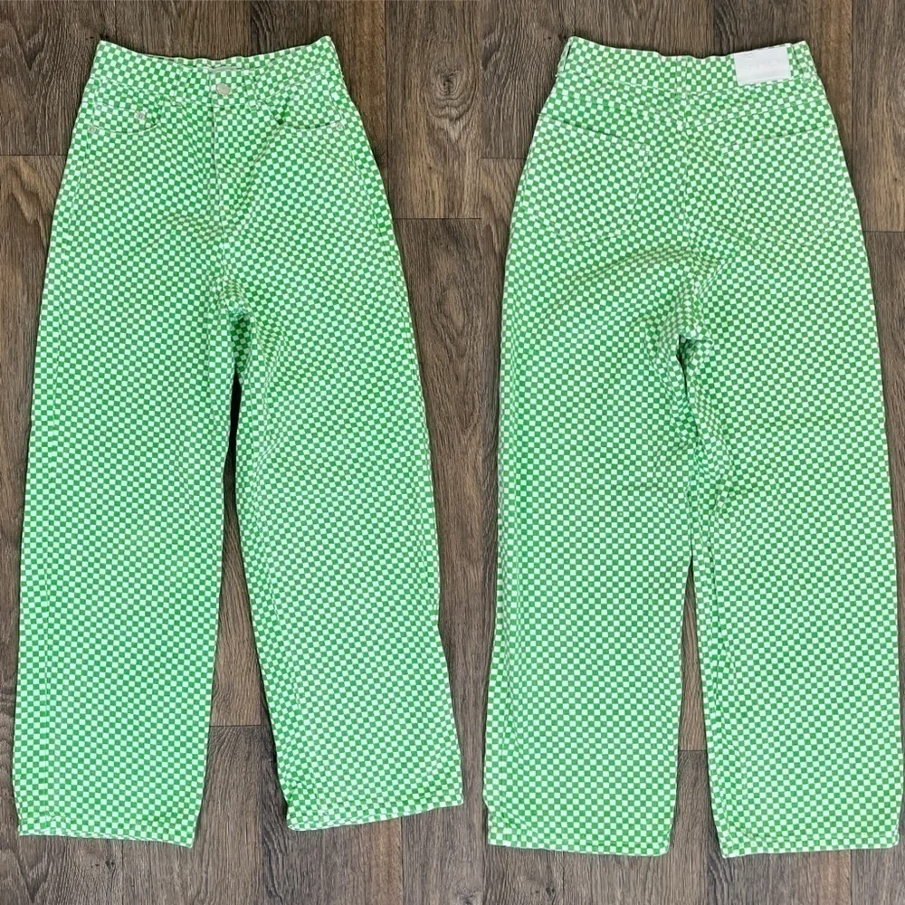 Shekou Women Size XS Linen Green Checkered Straight Leg High Waisted Trousers
